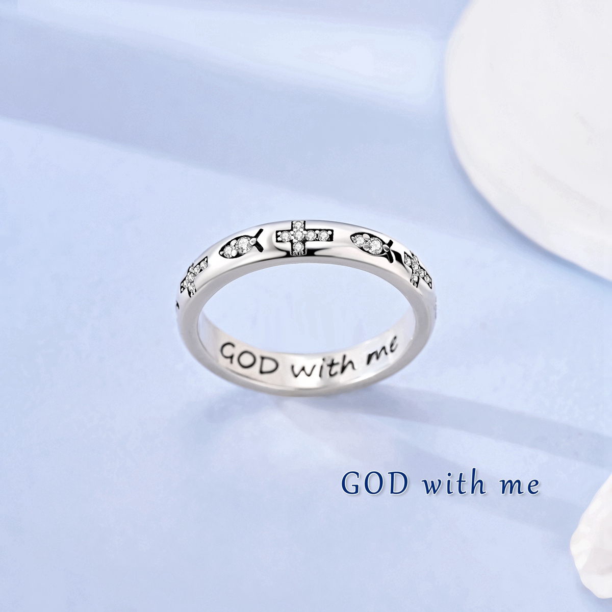 Women's Silver Plated Sparkling Zirconia Jesus Fish Pattern Cross Ring